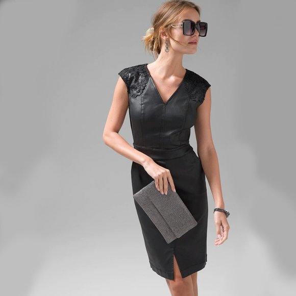 WHBM NWT WITH POCKETS! WASHABLE Coated Denim Lace Dress Faux Leather - Picture 2 of 8